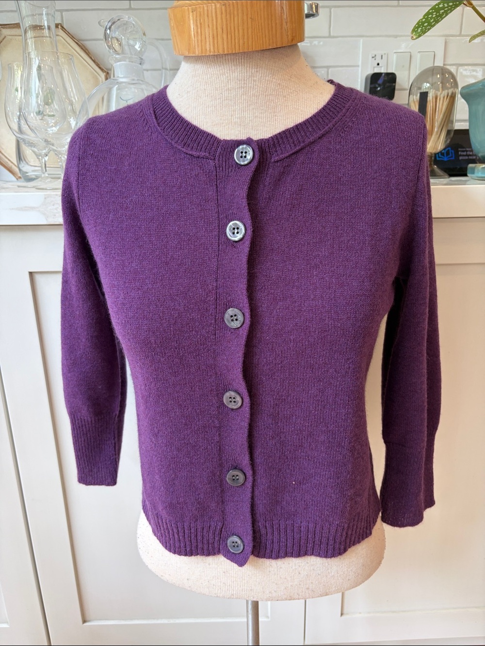 Pure Cashmere Purple Crewneck Button-Front Women's Cardigan Sweater